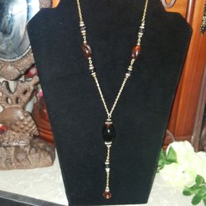 Vintage Amber Beaded Gold Toned Lariat Necklace